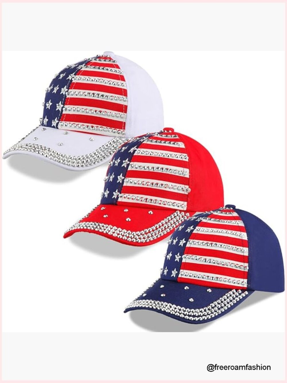 3pk Patriotic Rhinestone Baseball Caps Women Adjustable Trucker Hats USA